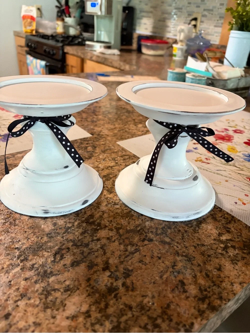 Pottery Barn White Distressed Pedestal Candle Holders (Pair)